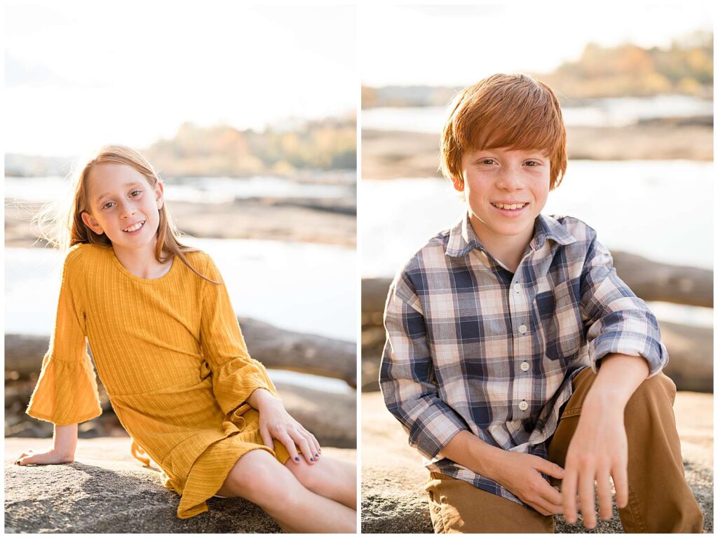 Young girl and young boy take an individual picture as they sit on a rock at Belle Isle in Richmond, VA.