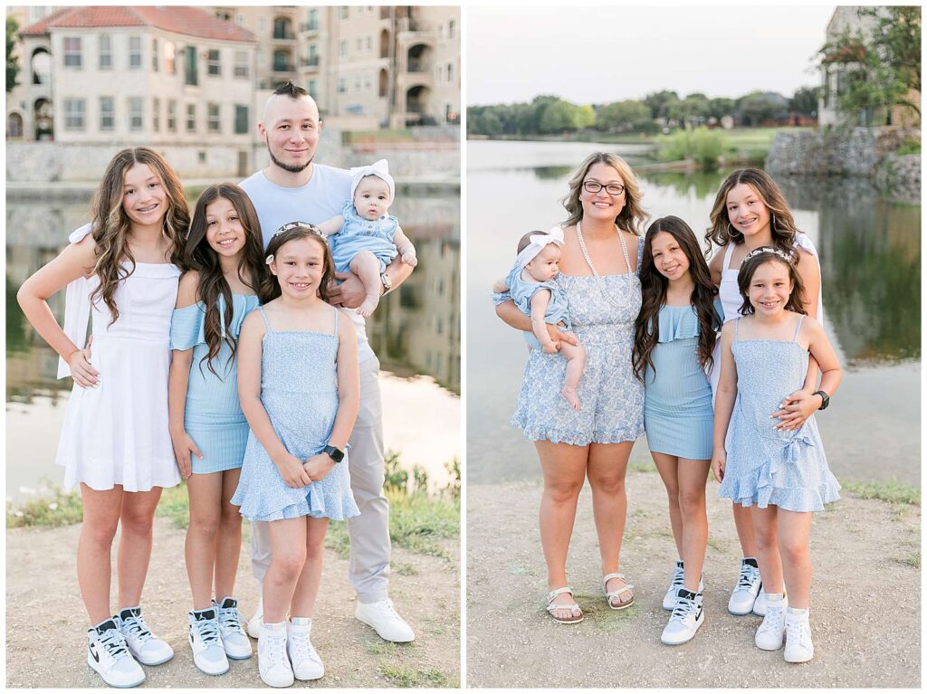 Two images side by side of a family with 4 girls and one image with their Dad and the other with their mom.  They stand together looking at the camera of Wisp + Willow Photography Co. during their family session at Adriatica Village in McKinney, TX.