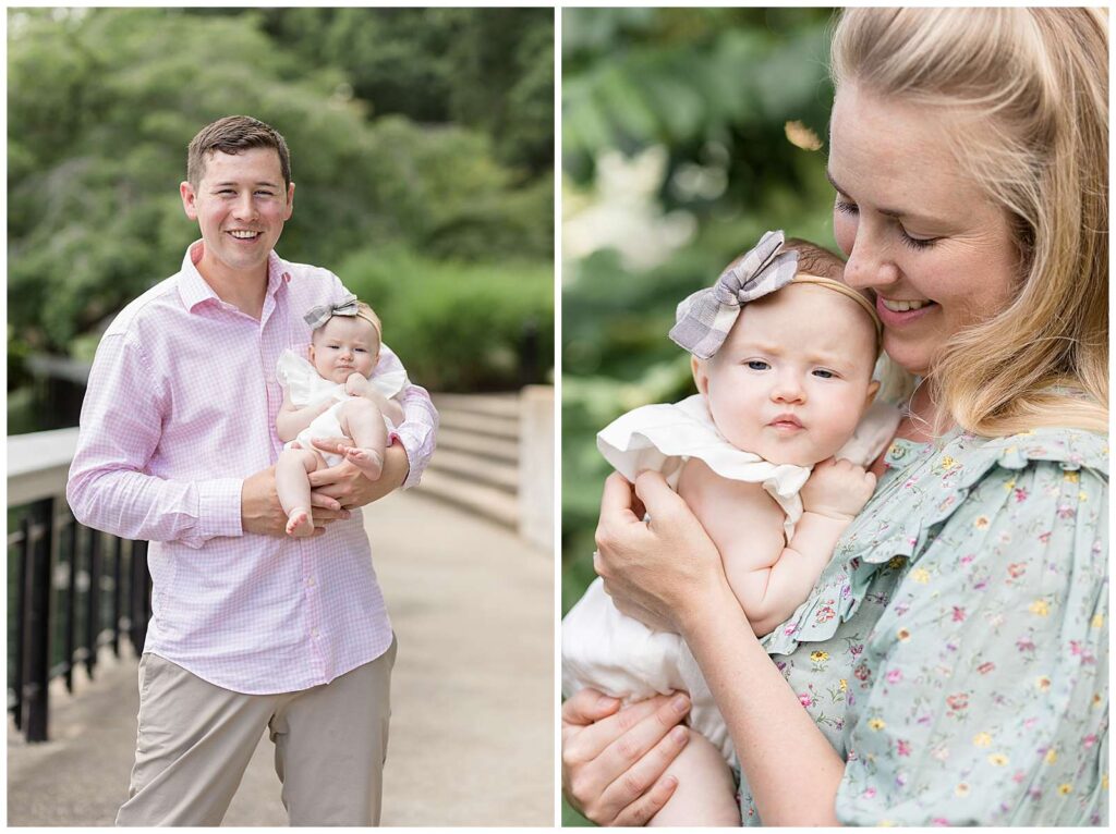 Two images show new parents individually with their 3 month old daughter during their Raleigh family portrait session.  Dad holds baby girl in his arms and smiles at the camera.  Mom holds baby girl up on her chest and looks down at her and smiles.