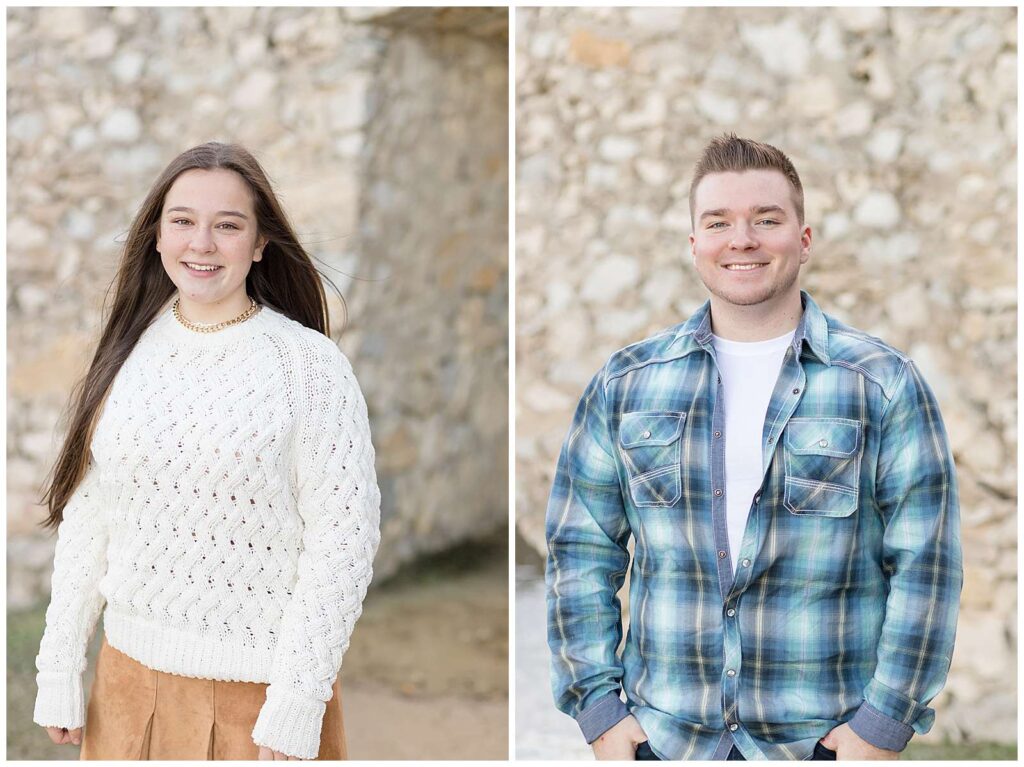 Two images side by side show two teenagers taking an individual portrait during their Adriatica Village family session.  The image on the left shows a teenage girl who wears a white, textured sweater and suede, tan skirt and the image on the right shows a senior boy who wears a white under shirt and a plaid, blue and green button up shirt.