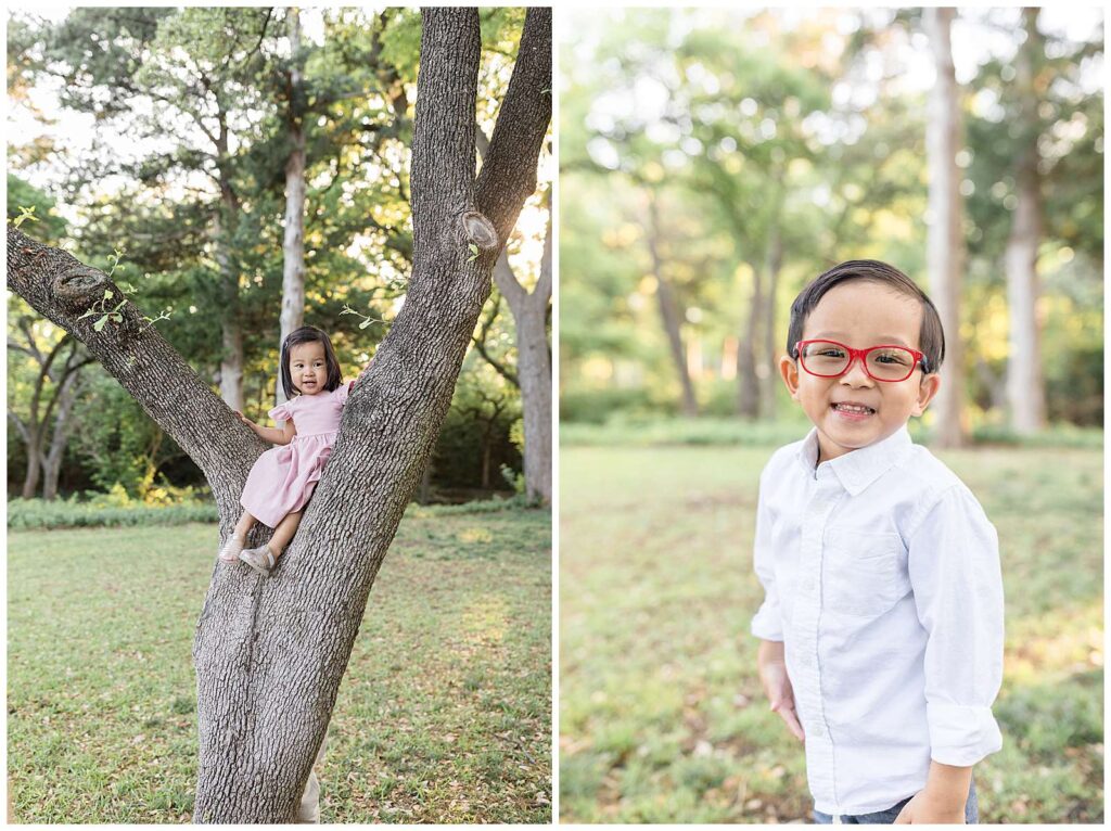 Two images show individual portraits of the little kids from the extended family portrait session.  One image has a little girls sitting in a tree with a pink dress and the other image shows a little boy with red glasses, a white button up shirt, and a smile at the camera.