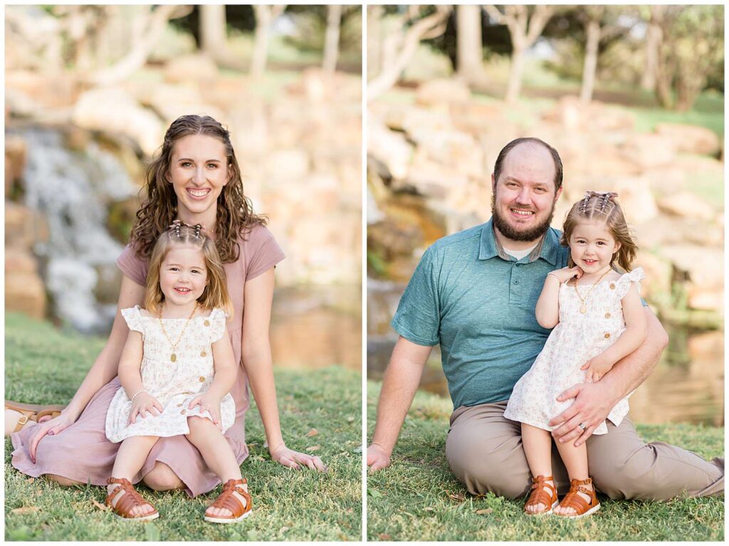 Two separate images have Mom with her toddler daughter sitting on her lap and they both coordinate with blush colors and the other image has Dad with his toddler daughter sitting on his lap.  They take family portraits at Frisco Park in Frisco, TX.