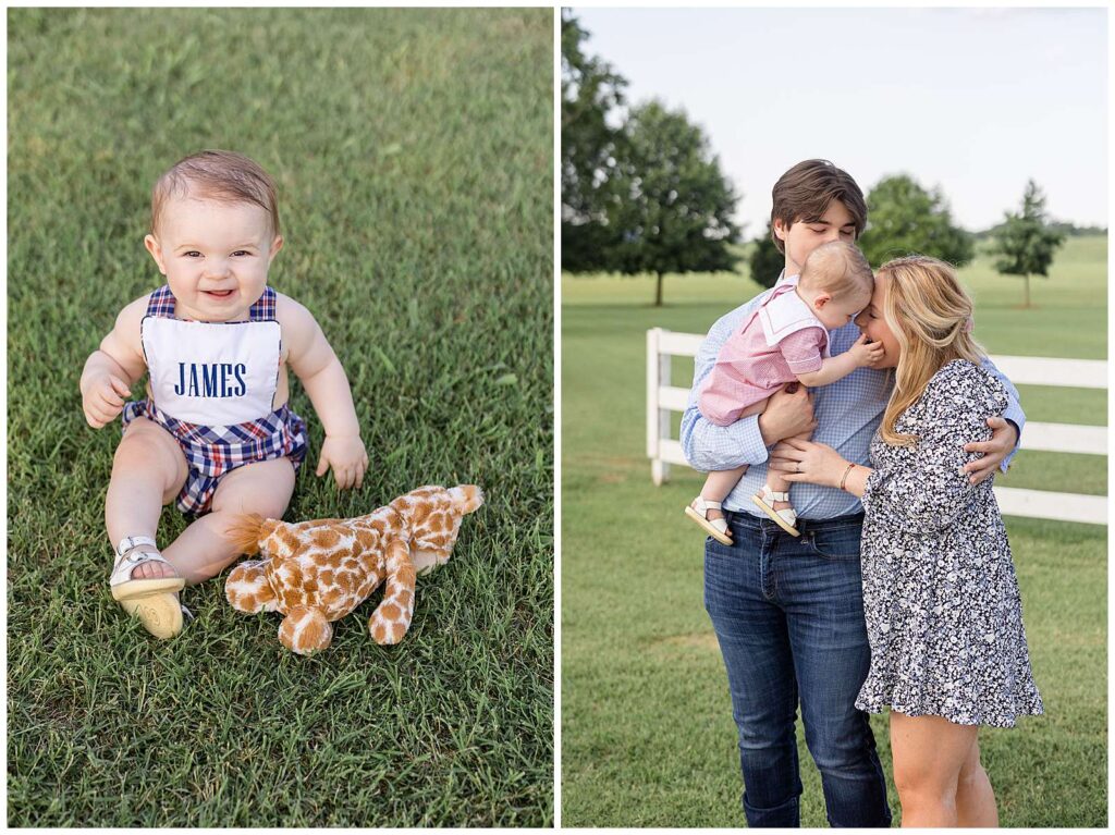 Sweet family session for one year old boy shows images captured by Wisp + Willow Photography Co.  One image shows a one year old boy who sits with his stuff giraffe next to him and he wears plaid, red, white, and blue overall shorts with the bib being monogrammed with his name.  Mom and Dad stand next to each other as Dad holds their son and he leans in and grabs moms face in the other image.