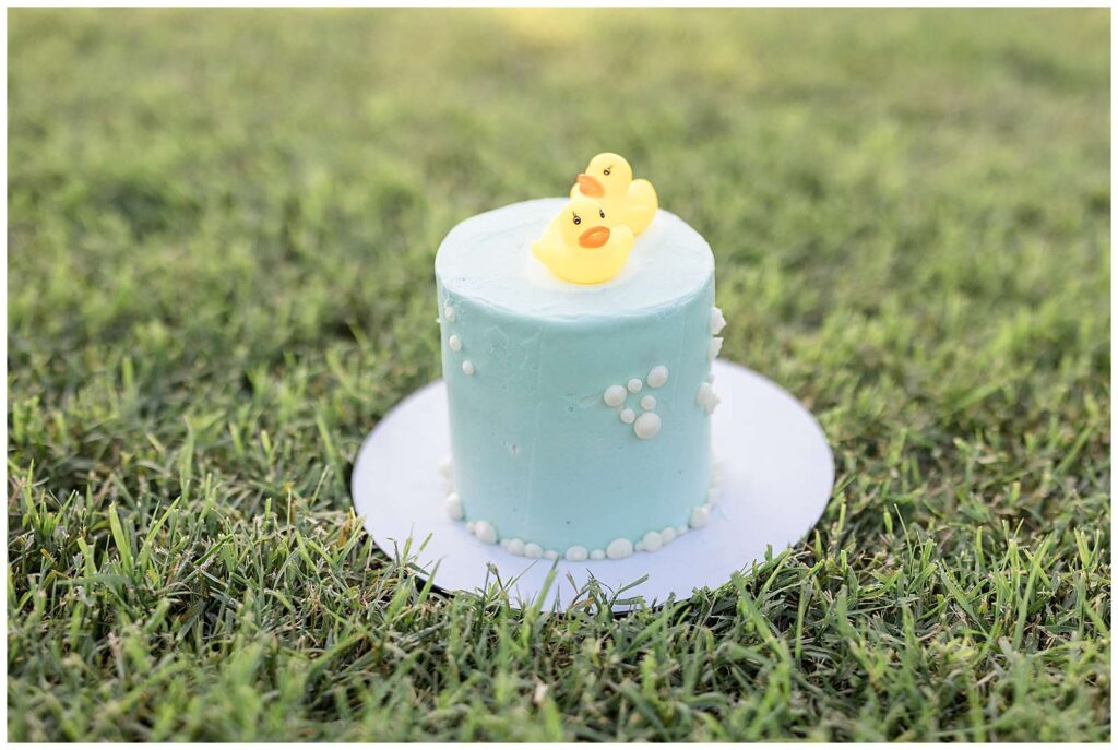 Baby's first smash cake session has a light blue cake with icing bubbles on it and two plastic, rubber duckies on the top.