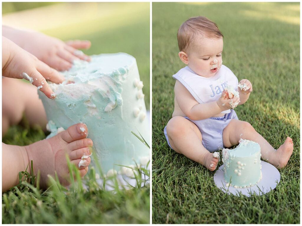 Two images side by side show a baby's one year old smash cake session at Harlinsdale Farm.  The first image is a detailed shot of the cake and the baby's toes around the cake and his fingers sticking into the cake.  The other image shows the boy sitting with the cake in-between his legs and he looks down at the piece of cake in his icing covered hands.