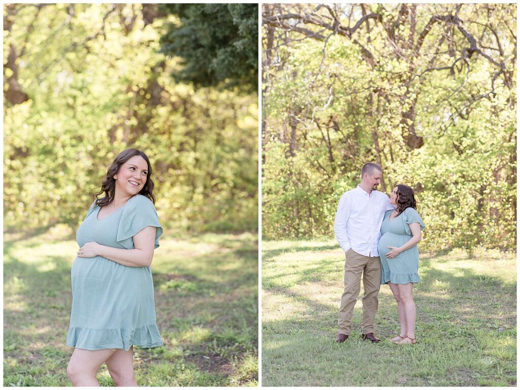Maternity session at Erwin Park in McKinney, TX has trees in the background with the sun glowing. One image has mom to be holding her belly and smiling off over her shoulder.  The other image has a couple looking at each other standing side by side with Dad's hand in his pocket and Mom holding her belly waiting for the arrival of their baby.