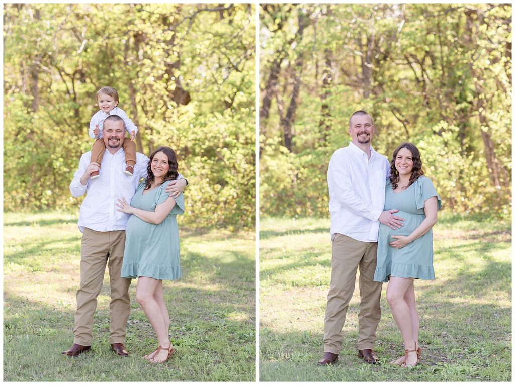 Wisp + Willow Photography Co. capture a Texas maternity session at Erwin Park in McKinney, TX.  The image on the left has Mom and Dad standing next to each other as their toddler son sits on his Dad's shoulders and they smile at the camera for a family portrait.  The right on the right shows just Mom and Dad who stand together with both of them holding the belly of their baby on the way!